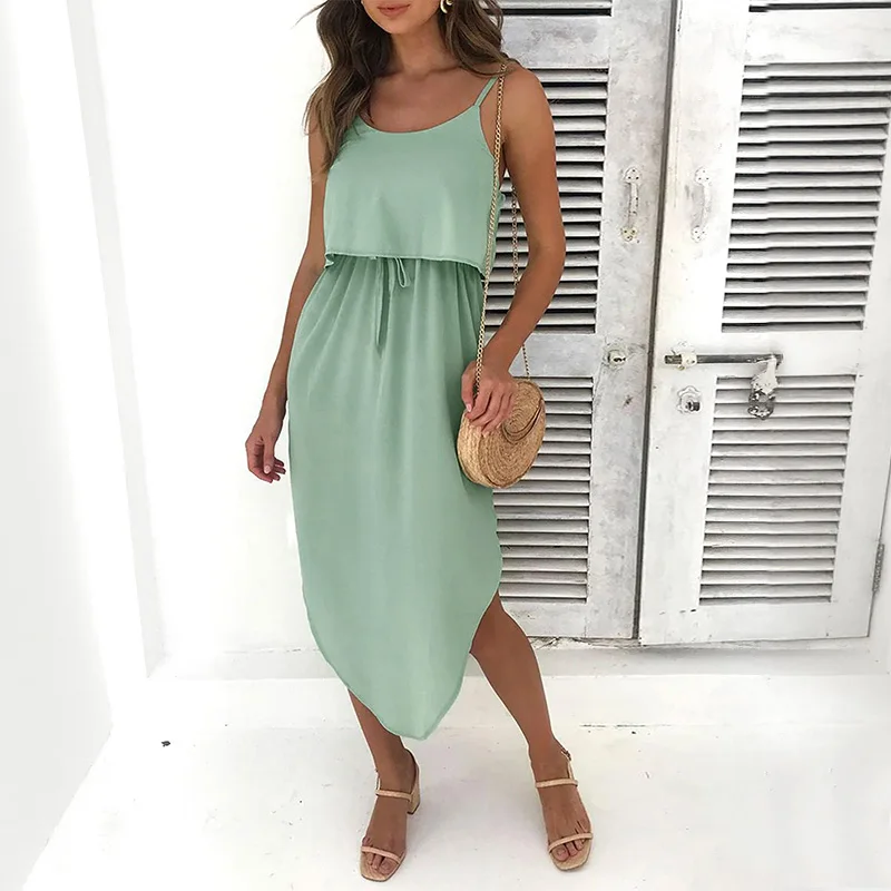 فستان نسائي أخضر كامي ذو طبقات غير متماثل، فستان متوسط الطول، صيفي، عطلة الشاطئ، كاجوال فضفاض #1