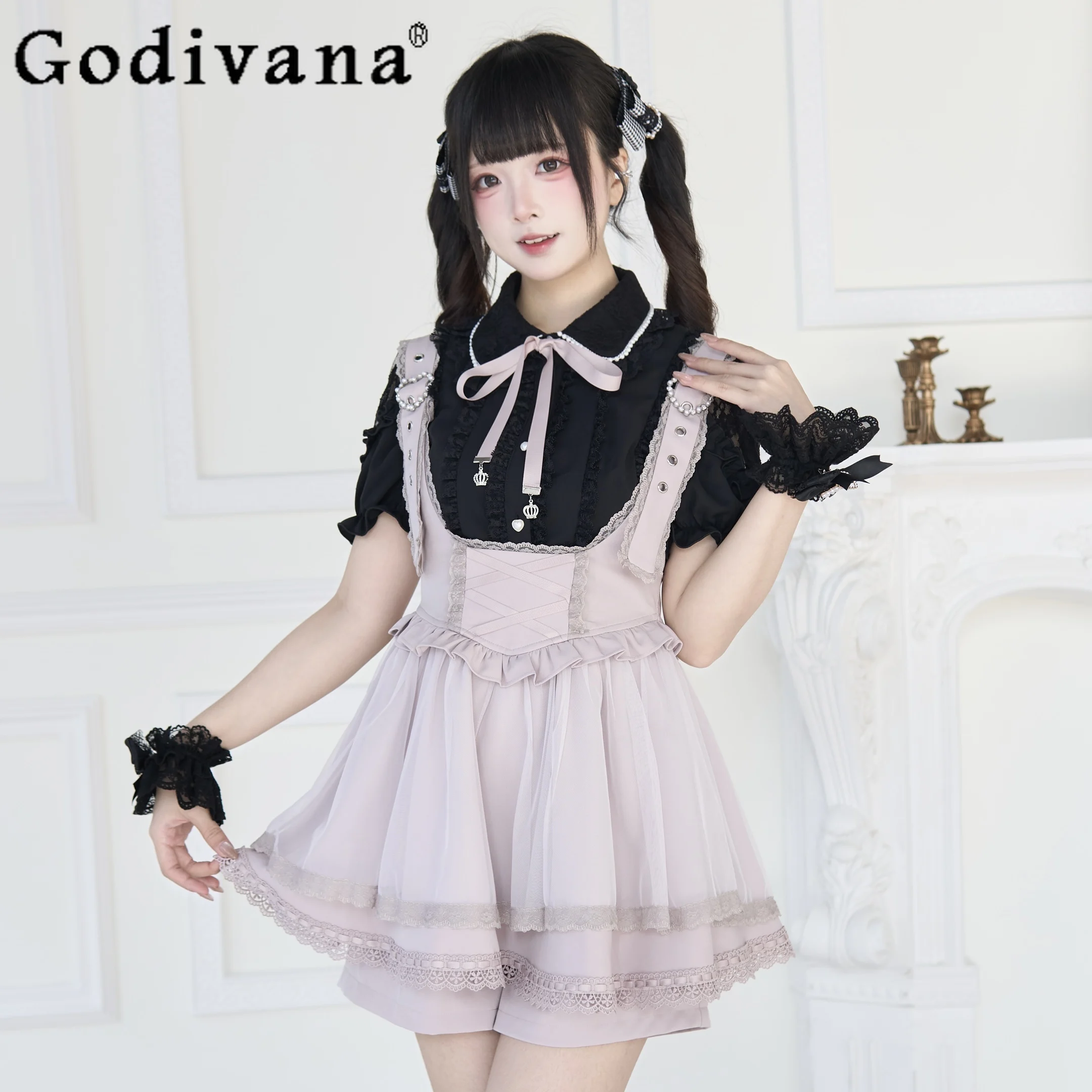 

Japanese New Mine Mass-produced Subculture Y2k Strap Skirt Shirt Set Summer New Girl's Cute Bow Lolita Top Short Skirt Outfit