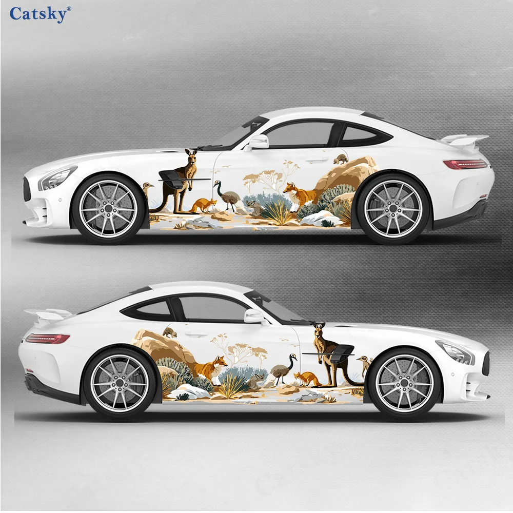 Kangaroo Between Trees and Rocks Car Side Car Wrap, Self-Adhesive PVC Waterproof & Scratch-Resistant Sticker, Car Accessory Gift