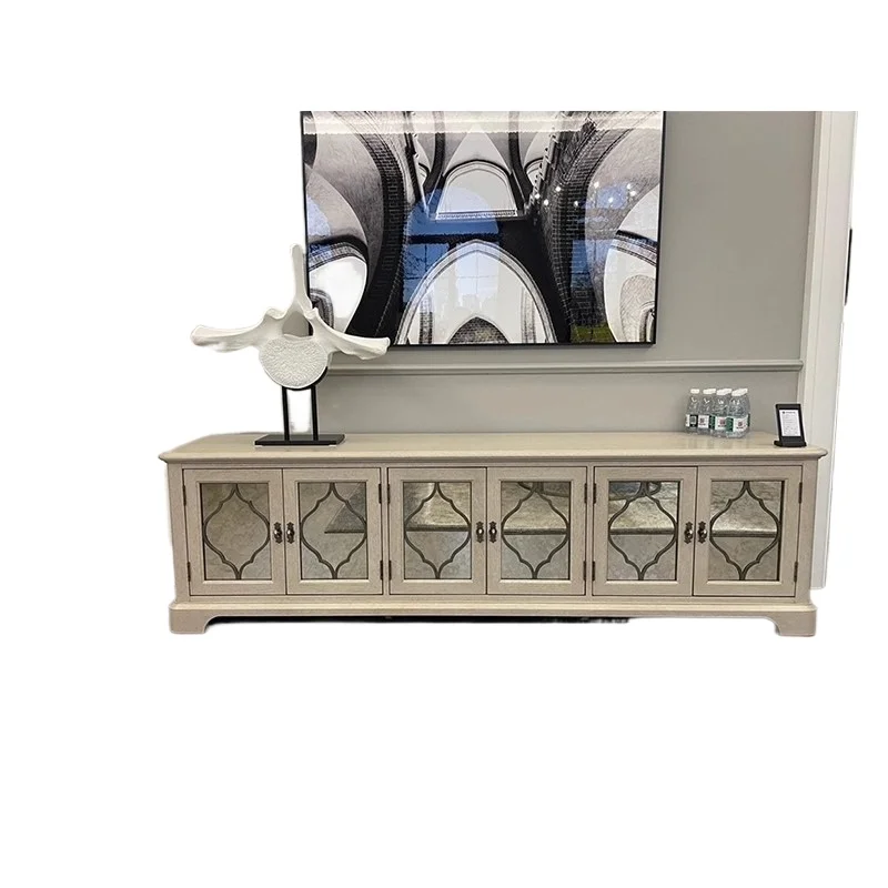 

American solid wood TV cabinet coffee table combination European light luxury retro white carved