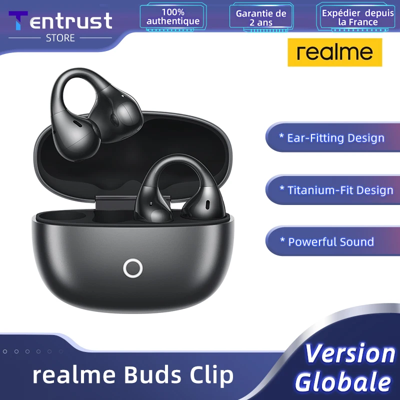 Version mondiale Écouteurs realme Buds Clip Conception Titanium-Fit 5,3 g Légers comme du papier Algorithme NextBass Traducteur Al Son puissant
