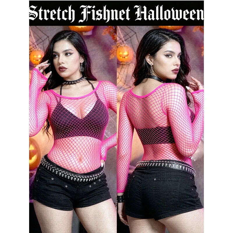 1  pc  Sexy Fishnet Long Sleeve See Through Top Women Halloween Beach Cover Up Swimwear Y2K (No Bikini)