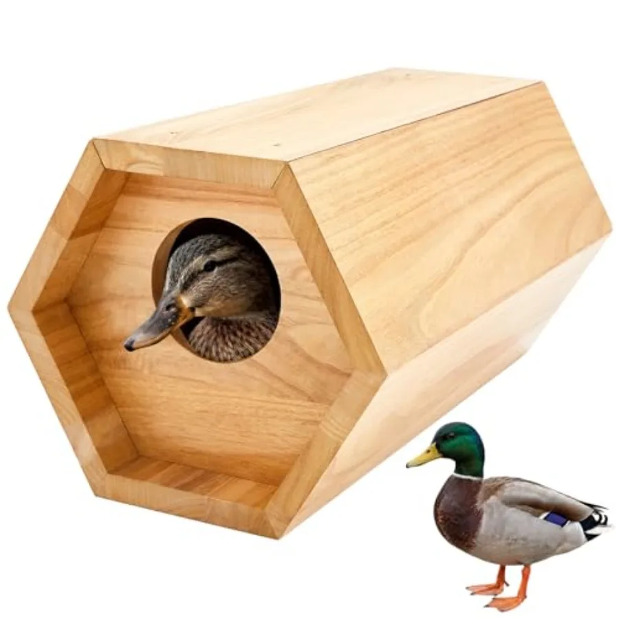 

Outdoor duck nesting box for pond wetland backyard; wood material; natural brown; waterproof hexagonal dual-entry pole-mountabl
