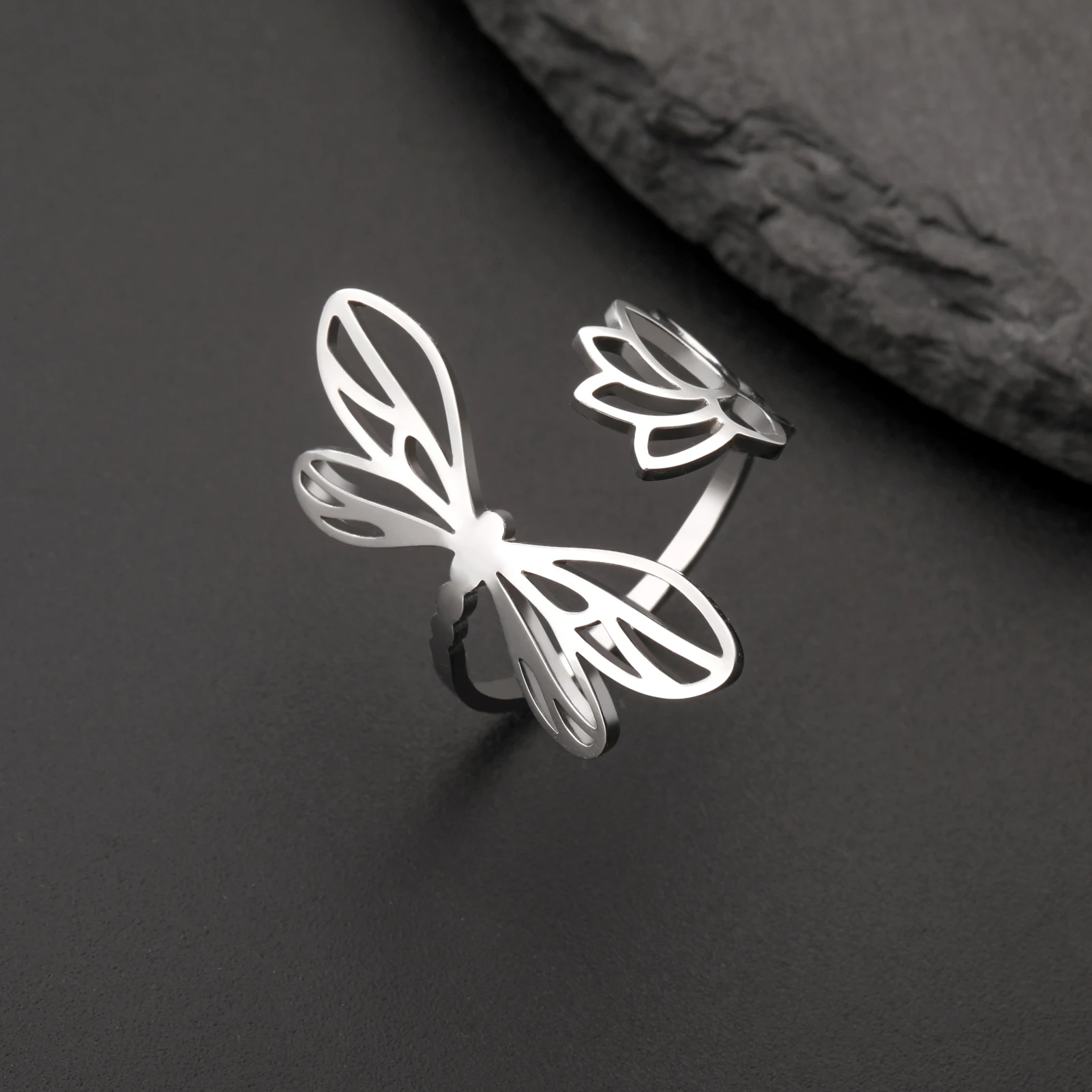 Cazador 조정 가능한 잠자리 연꽃 여성용 반지, 스테인레스 스틸 쥬얼리, 골드 컬러 손가락 반지 선물, 2024 트렌드, 도매 신제품