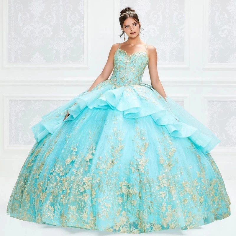 

Princess Quinceanera Dresses 2024 Gold Appliques Sweetheart Spaghetti Strap Ball Gown Sweet 16 Lace-Up Vestidos 15 Anos