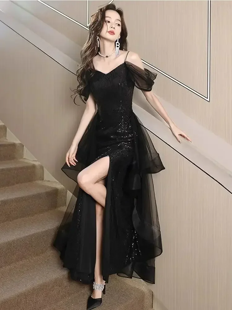 Banquet party performance prom dress performance gown 2025 New Black long sequined tail lady girl women princess dress