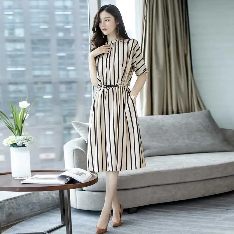 Temperament Lacing Ladies Dresses Summer New Short Sleeve O-Neck All-match Striped Loose Midi Dress Fashion Casual Women Clothes