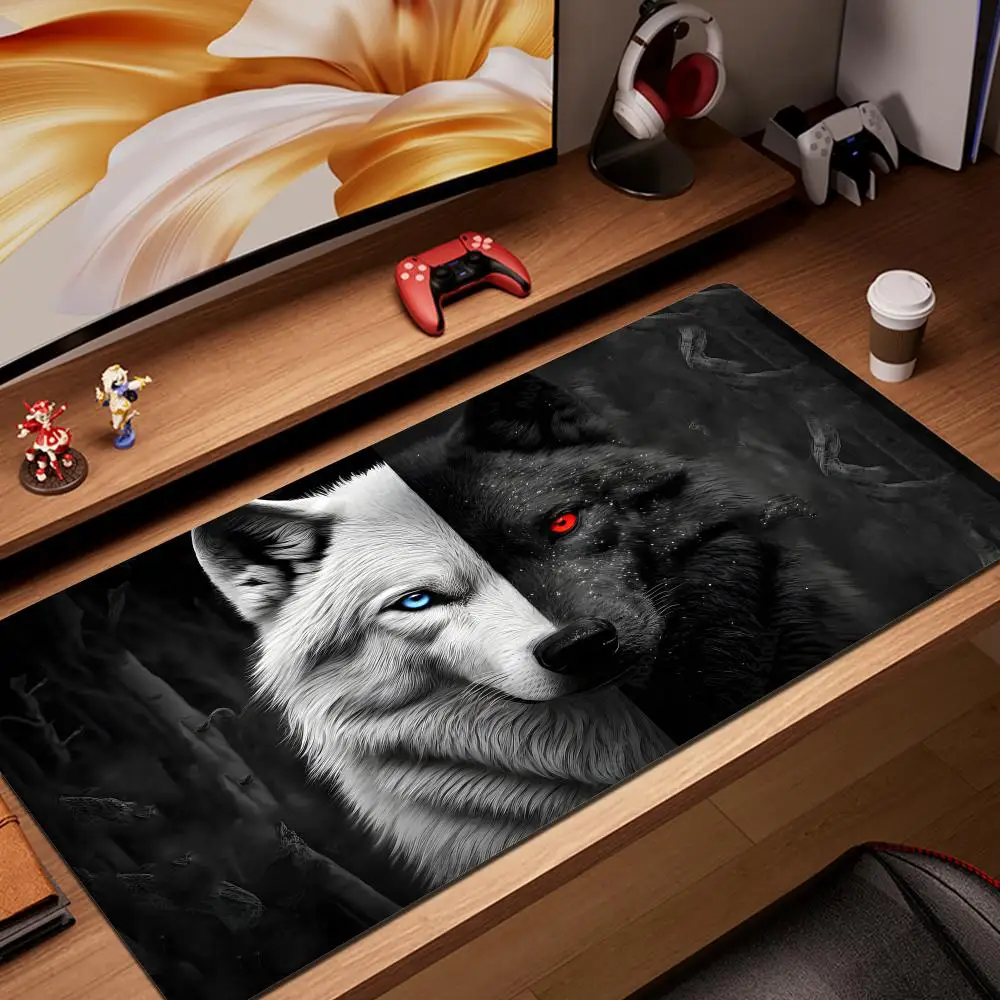 

Grand tapis de souris de jeu avec base coordonnante, noir et blanc, design Wolf King, ordinateur portable, bureau, HYBXAXC