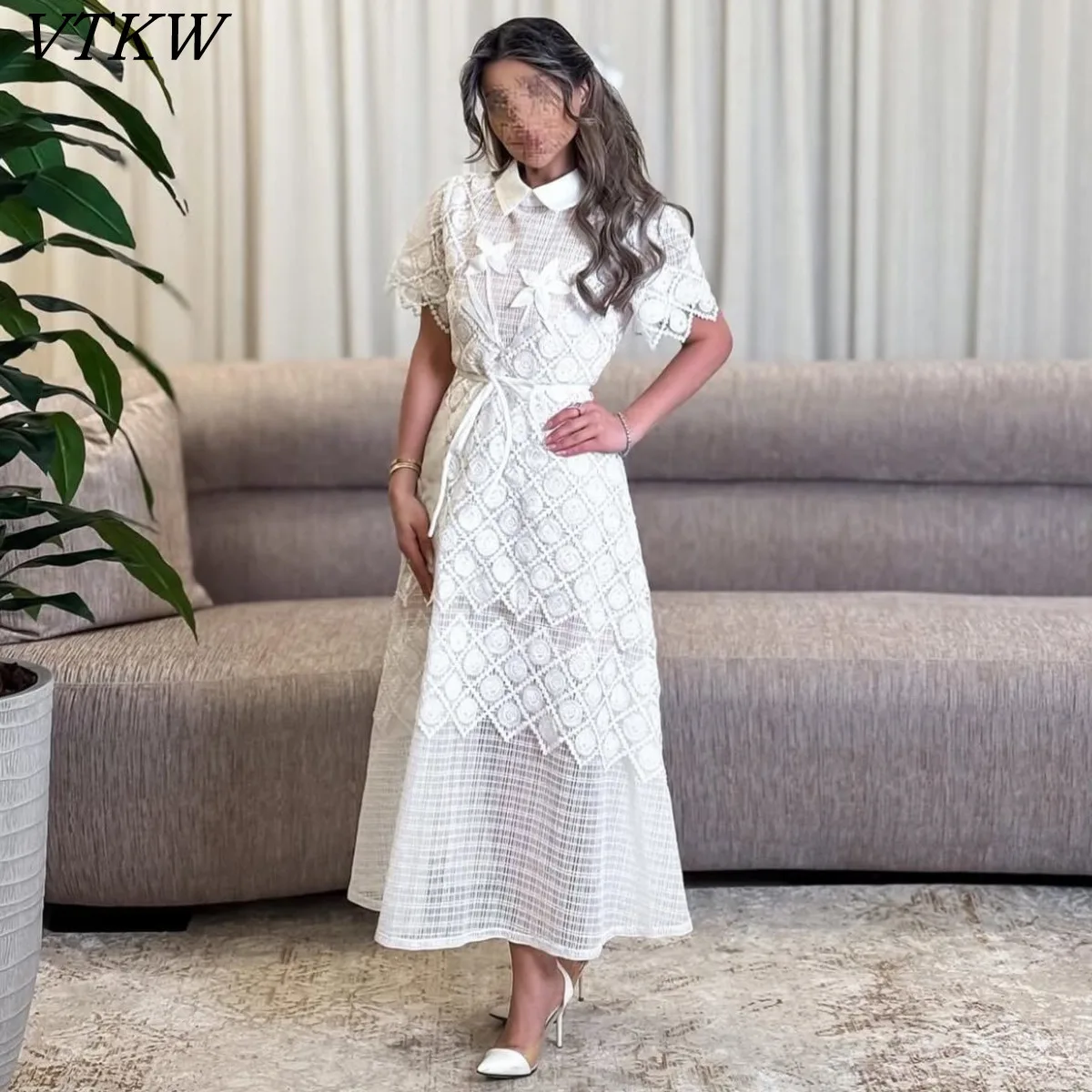 VTKW 2025 femmes élégant Vintage dentelle revers cravate-taille robe de soirée automne concepteur robe de soirée couleur unie Patchwork Chic nouveau