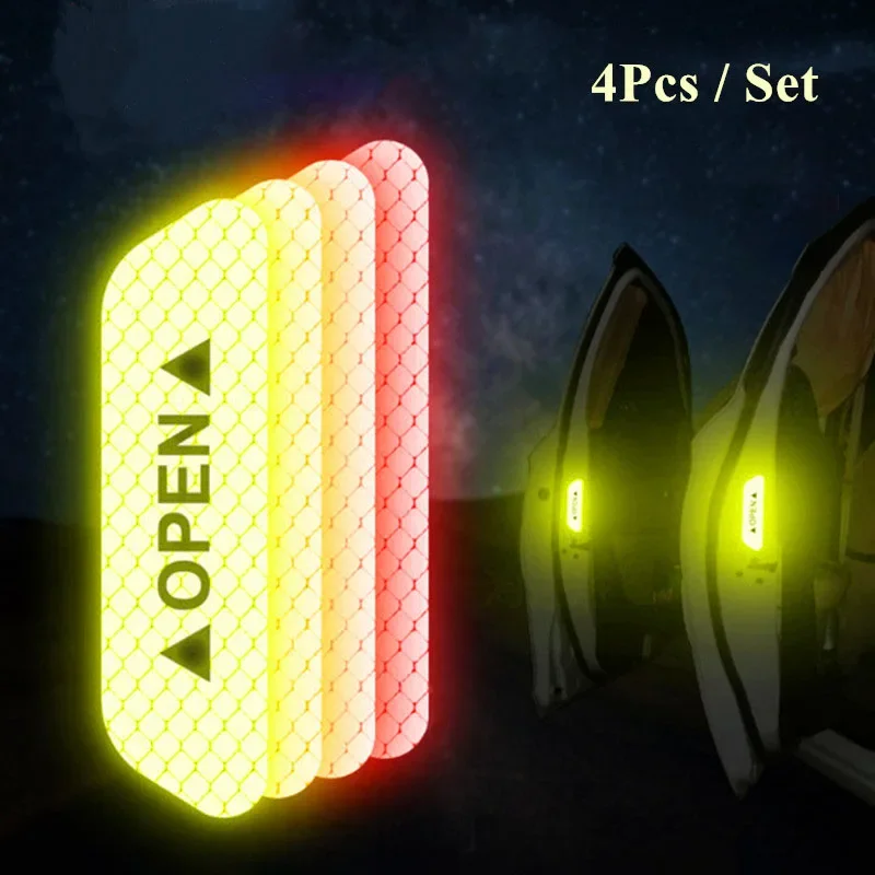 

Car Door Safety Stickers 4 PCS Set - Reflective "OPEN" Warning Decals - Night Vision Anti-Collision Vehicle Decor