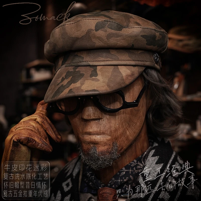 

Handmade Trendy Men's Leather Motorcycle Hat Heavy Industry Camouflage Cowhide Colonel Flat-Top Cap Young Women Peaked