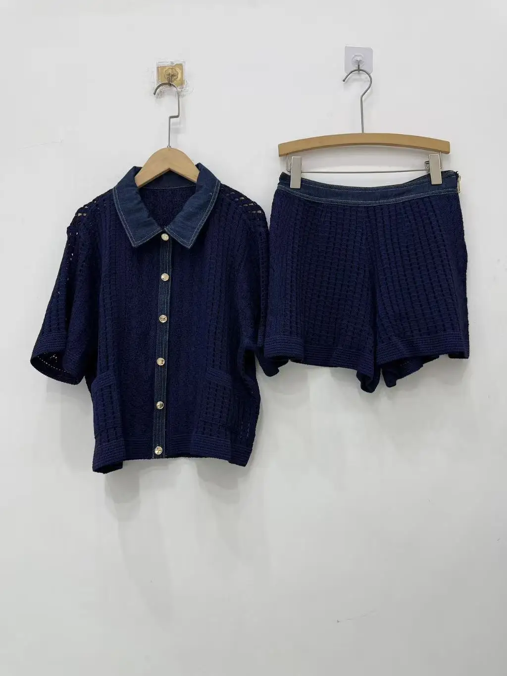 Denim Spliced Women's Knit Sweater Top Crochet Hollow Out Single-Breasted Thin Cardigan or Casual Shorts for Ladies