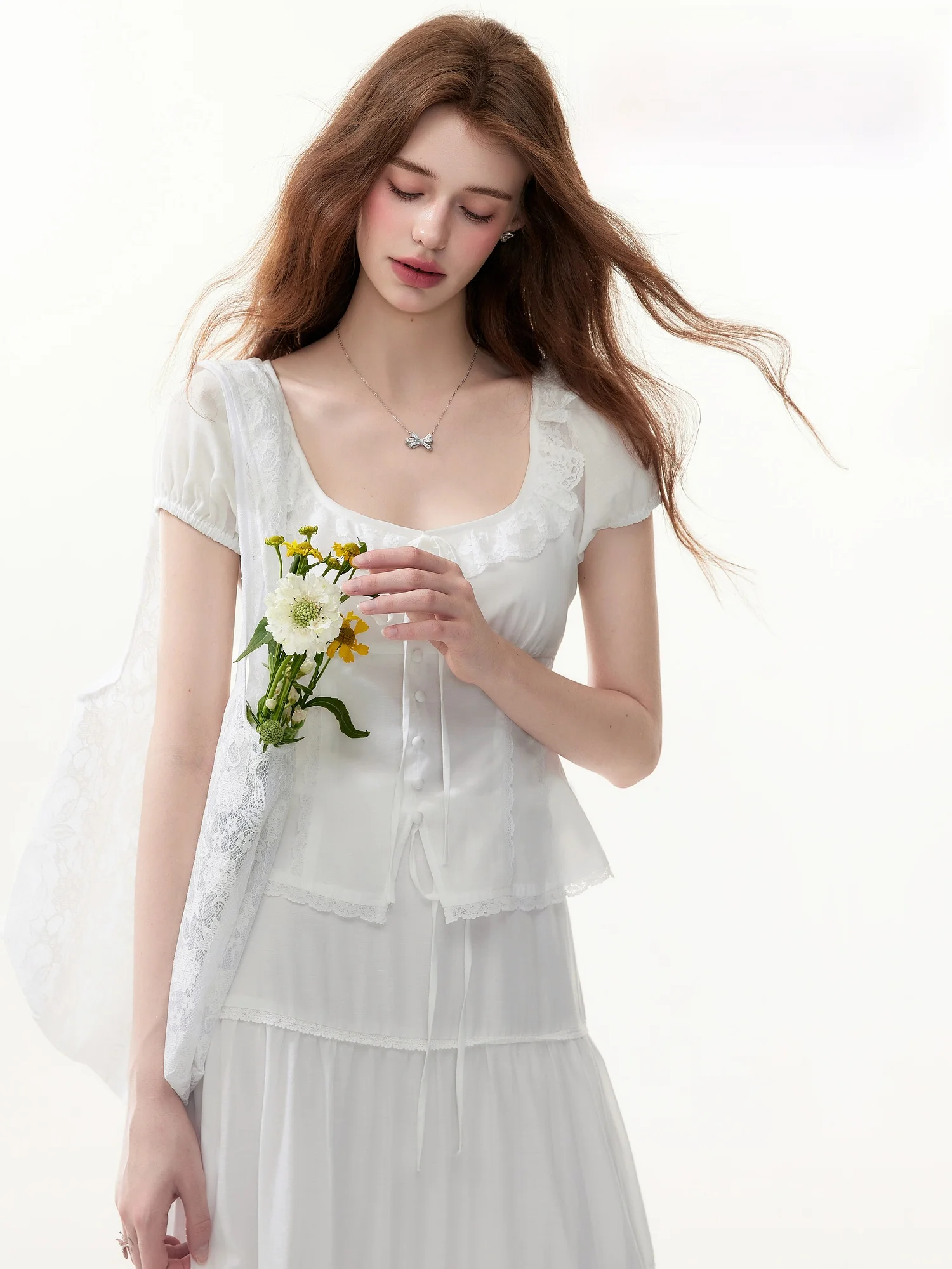 

Cindral Summer 2025 Women's ort irt Set with Lace Hemline f Skirt Simple Commute Sle Thin Fiber Blend