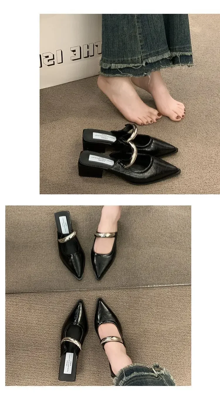 2026 Neue Damen-Cover-Toe-Mules mit Metallverzierung, dicker Absatz, bequeme Street-Style-Slipper – Detail 6