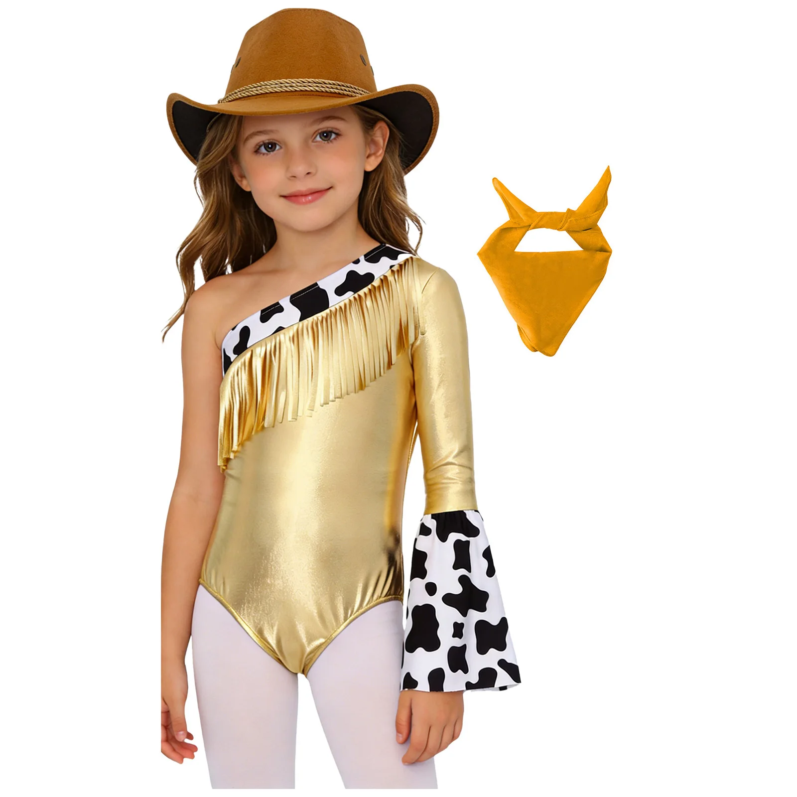 Kids Girls One Shoulder Metallic Fringed Dance Gymnastics Leotard Halloween Carnival Western Cowgirl Cosplay Bodysuit Dancewear