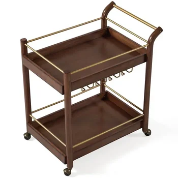 Chariot de bar en bois massif pour hôtel, roulettes en bronze antique, service français, vin, thé, nourriture, boissons