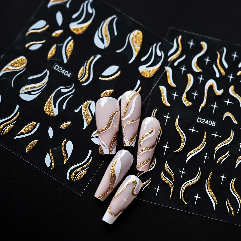 Shiny Glitter French Lines Nails Stickers Waves Curve Ribbon White Gold Stripes Manicure Decals Nails Charming Decoration NK-324