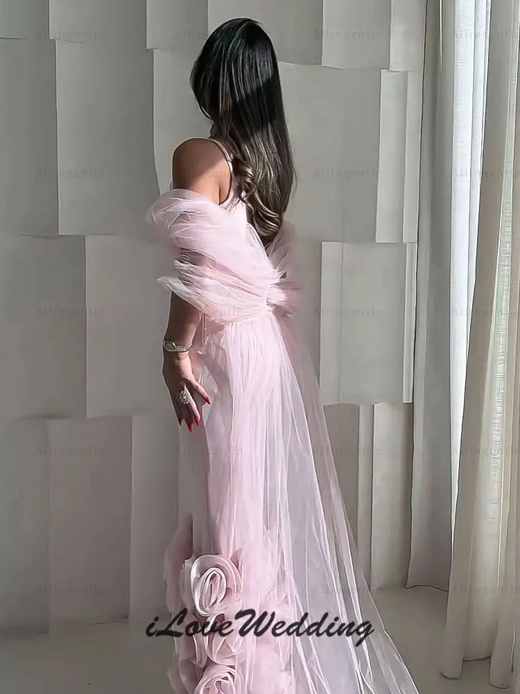 Romatic rosa cintas de espaguete sereia vestidos de noite 2026 fora do ombro flores longo vestido de baile فستان و personalizado