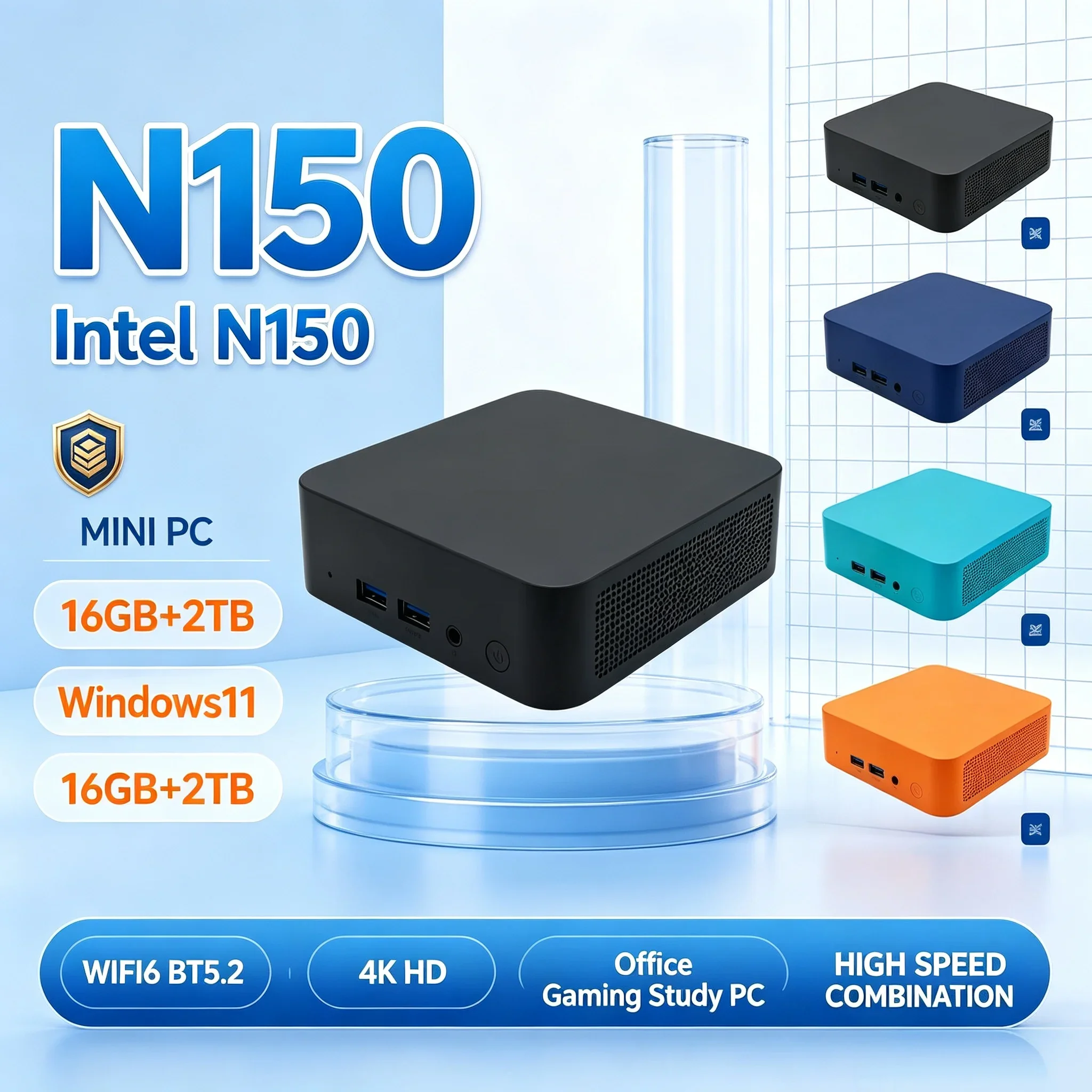 New Mini PC Intel N150 Windows11 16GB RAM Selectable 1TB/2TB SSD WiFi 6 BT5.2 4K UHD Home Study Light‑Gaming Small Desktop PC