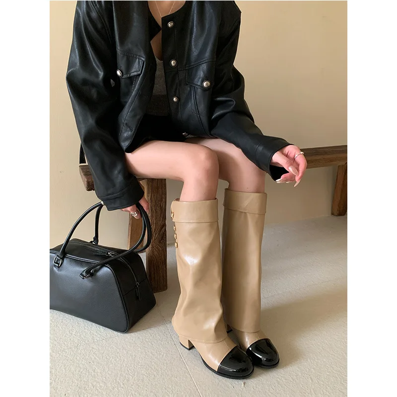 

French style small fragrant round toe color blocked knight boots versatile thick heel high top boots for women