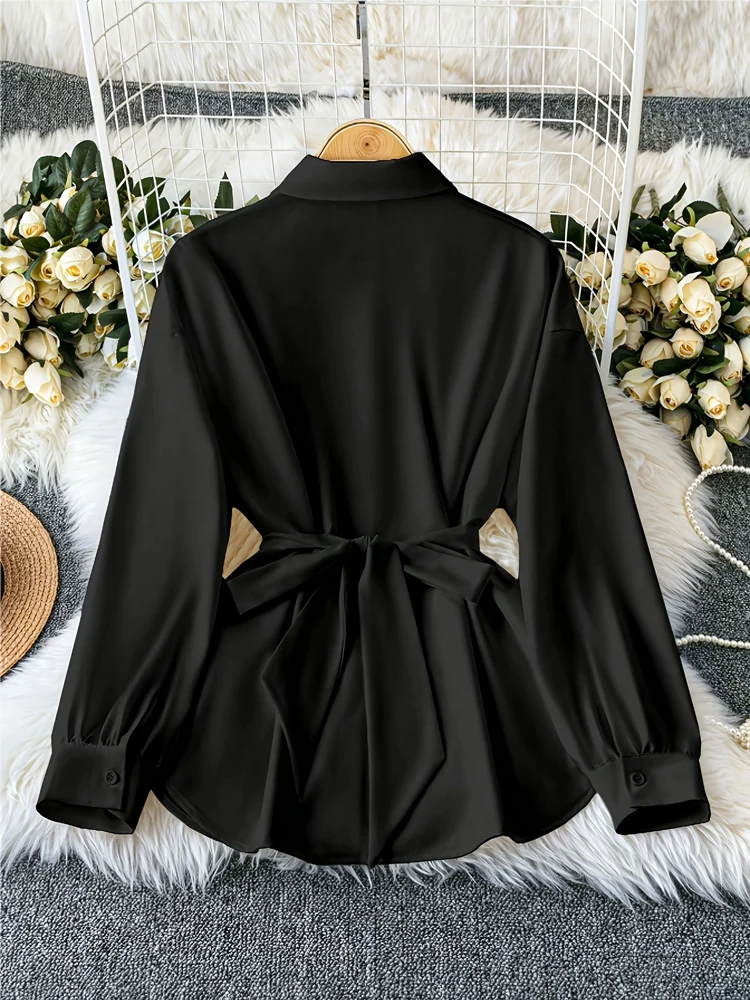 Plus-Size French-Style Fitted Shirt: White Shirt with Adjustable Waistband, Elegant Long Sleeves, Perfect for the Fall Workplace image 6