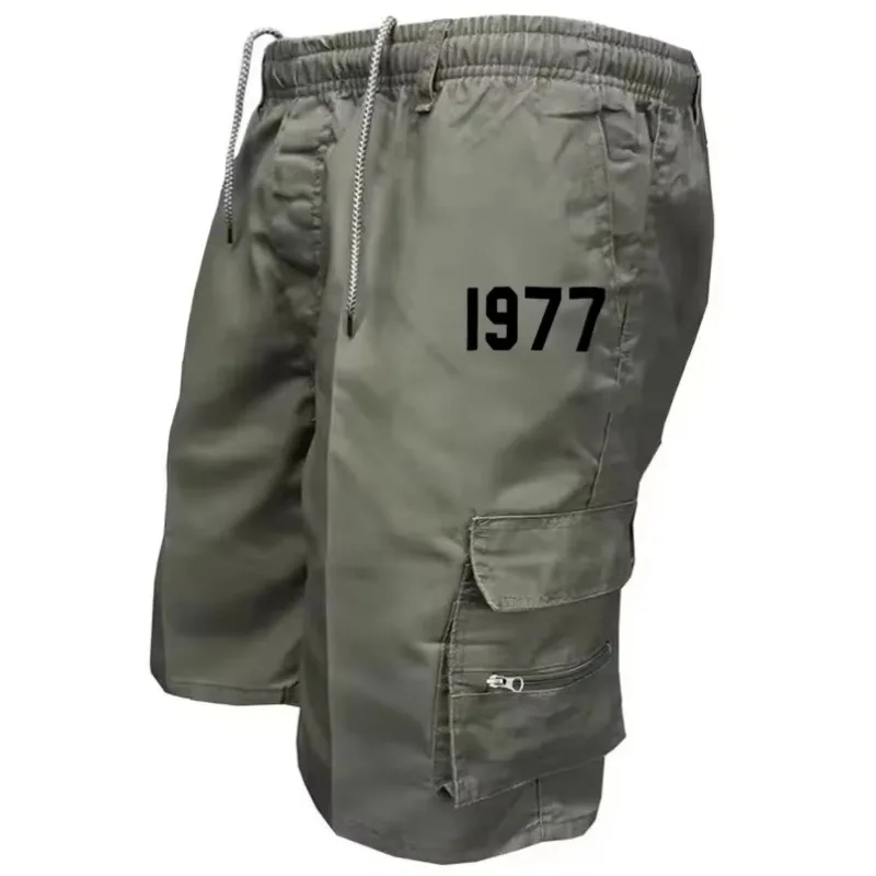 2026 Men's Fashion Summer Beige Drawstring Work Pants White 1977 Digital Pattern Multi Zipper Pocket Casual Work Shorts