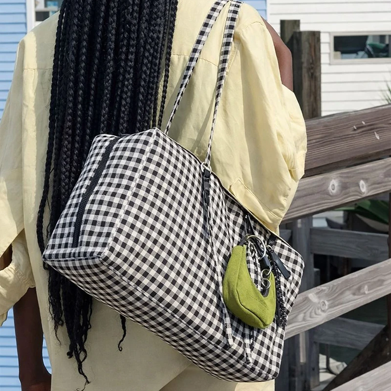 

Классическая женская сумка через плечо из нейлона, бордовая, с клетчатым узором, брендовая сумка-тоут большой вместимости на молнии, повседневная сумка-шоппер