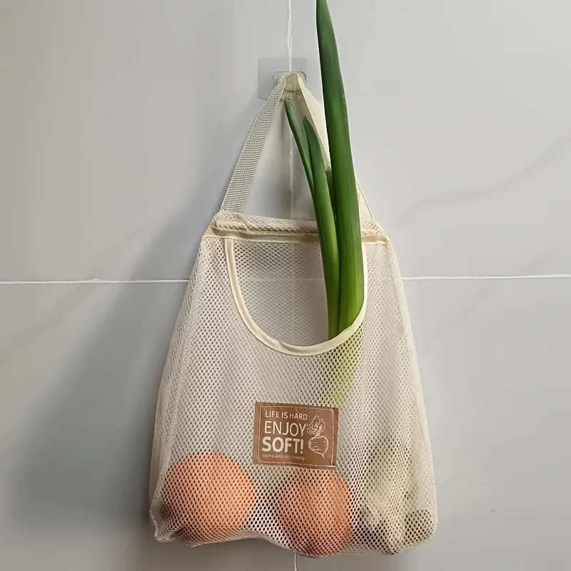 Wall Mounted Hanging Mesh Storage Bag Breathable Hollow Organizer Pocket Pouch For Ginger Garlic Fruit Kitchen Pantry Refrigerator Food Storage Washable Reusable Polyester Net Bag With Hanging Loop For Onion Potato Veggie Essentials Food Storage Pouch
