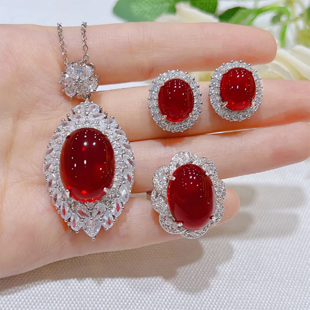 

Foydjew New Luxury Simulation Pigeon Ruby Jewelry Sets For Women Exaggerated Big Red Stone Pendant Necklaces Stud Earrings Rings