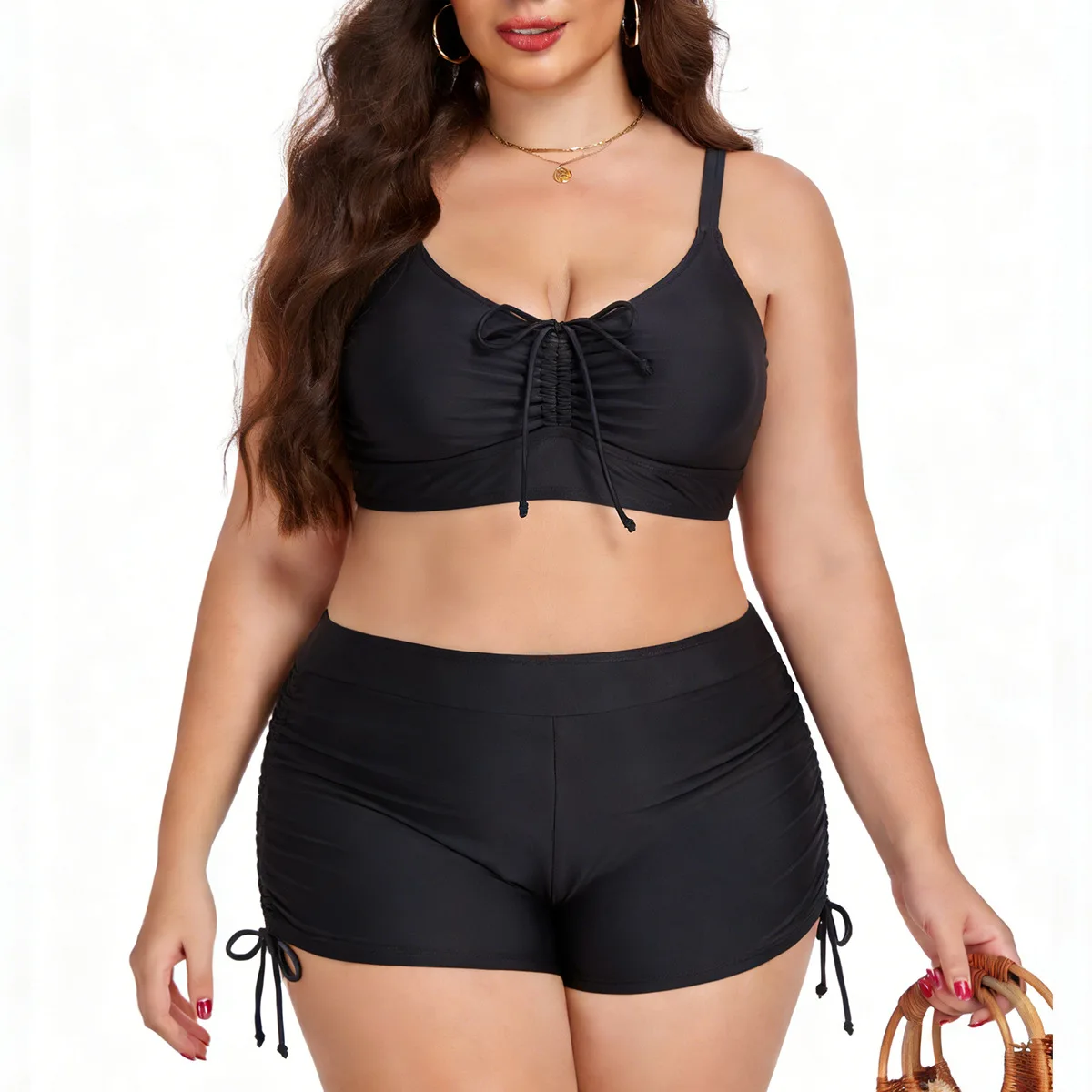 

Sexy Black Green Bikini Set 2026 Large Size Pleate Drawstring Tie Push Up Bra High Waist Swimsuit Bathing Suit Holiday Swimwear