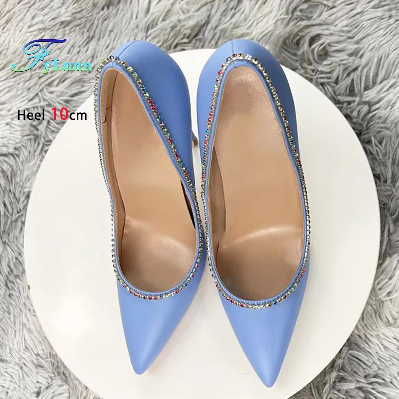 Sky Blue Matte High Heels Pumps Pointed Thin Heel Shallow Mouth Rhinestones Shoes for Women Elegant Women's Heels 6-12cm