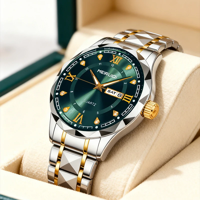 A men's room gold blue casual style temperament dual display date pointer quartz watch