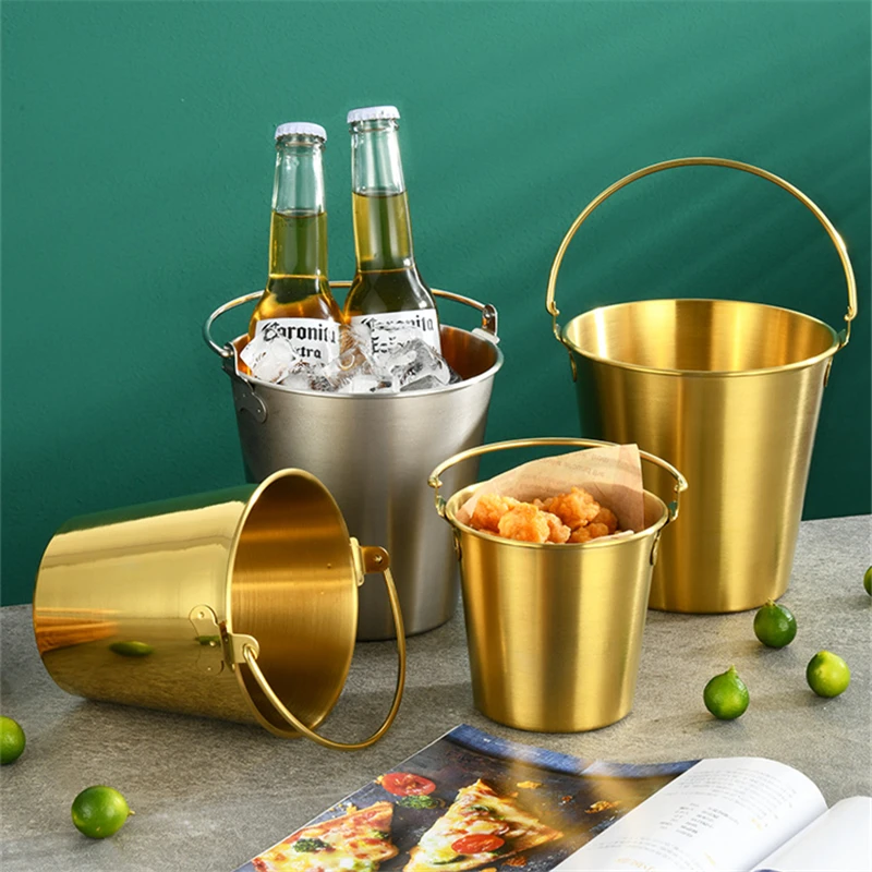 

304 Stainless Steel Mini Portable Beer Ice Bucket French Fries with Handle Bar Drink Coolers KTV Party Utensils Snack Buckets