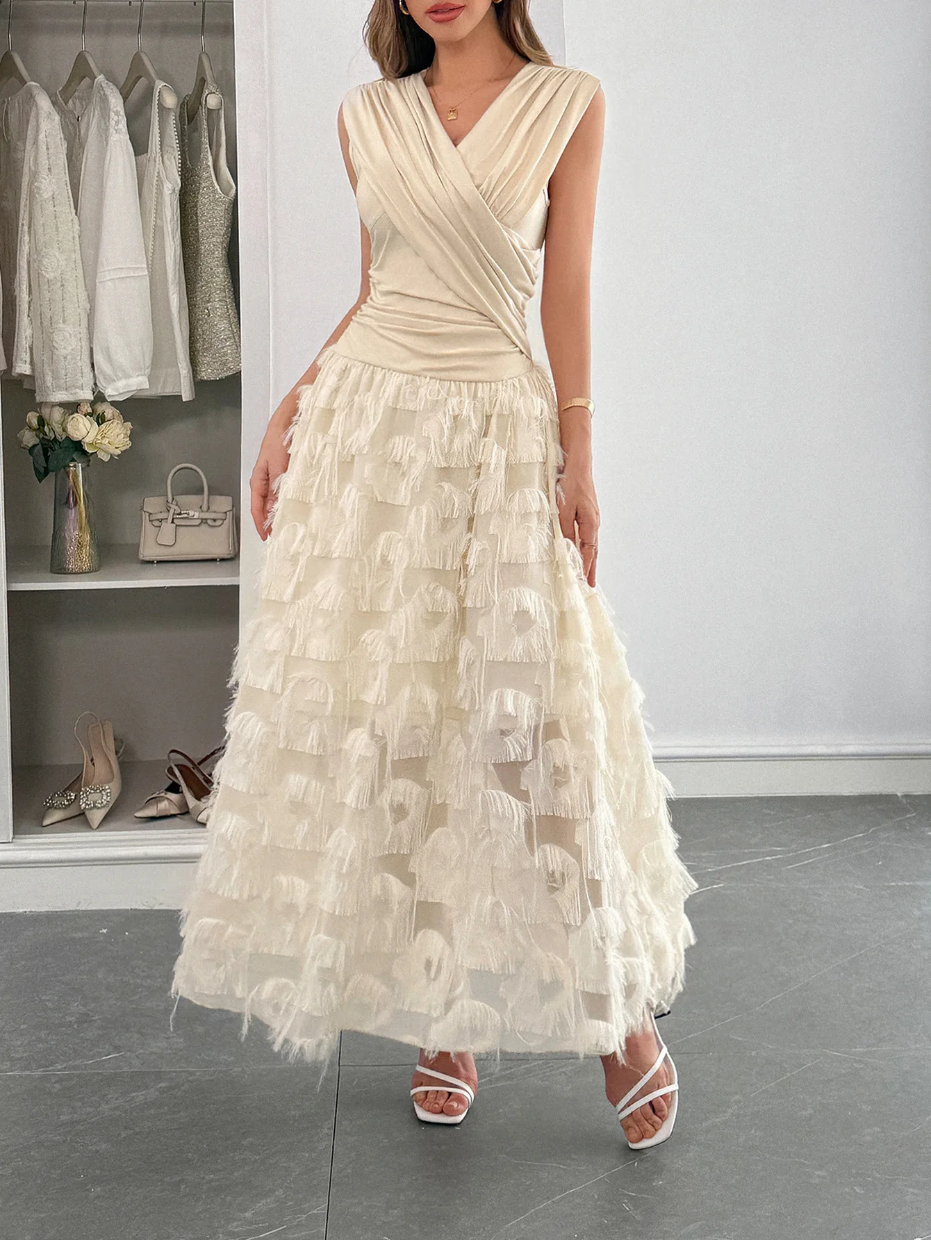 

Women's Solid Elegant Patchwork Evening Dress V-Neck Ruched Cocktail Party Gowns A-Line Maxi Dresses