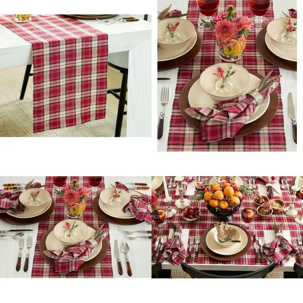 

Burgundy Tartan 100% Linen Table Runner, 14x108 Inches, Perfect for Holiday Dining