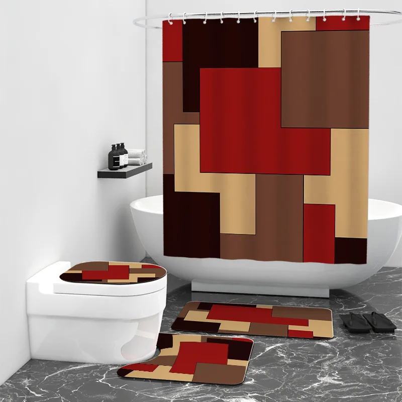 Colored Geometry 3D Printed Bathroom Set Together Shower Curtain Rug Set Bathroom Mats Rugs Toilet Decor Mat 01