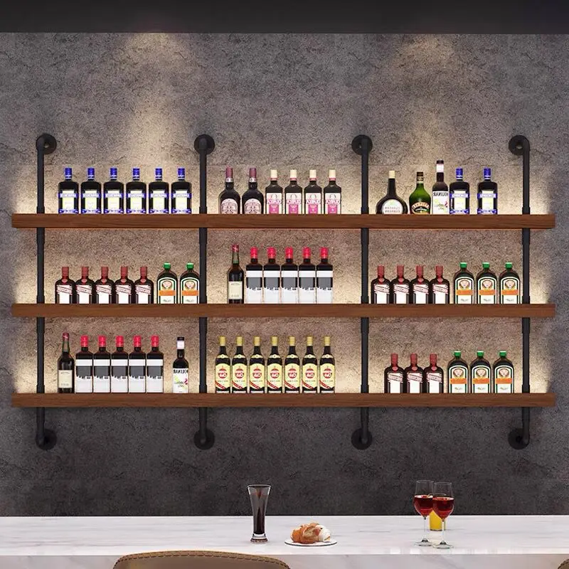 

New wall wine rack restaurant bar barbecue shop bar counter wall-mounted wrought iron multi-layer solid wood rack