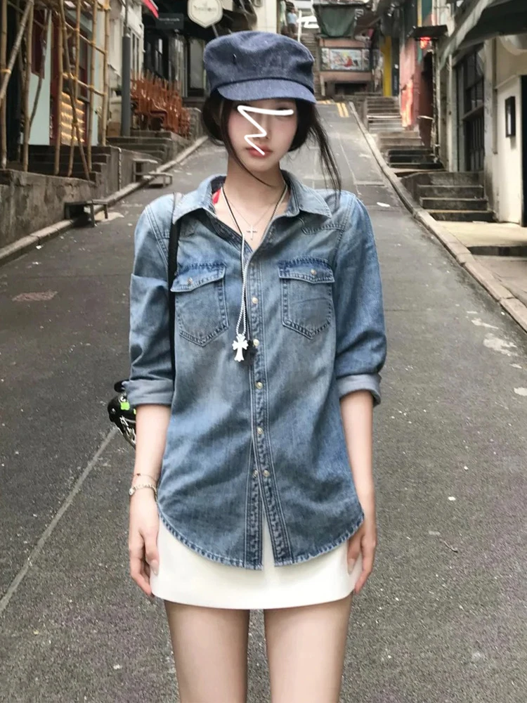 

Ретро-рубашка из американского синего денима для женщин: новая модель весна-осень, рубашка с открытыми плечами, верхняя одежда, базовый слой, внутренняя одежда