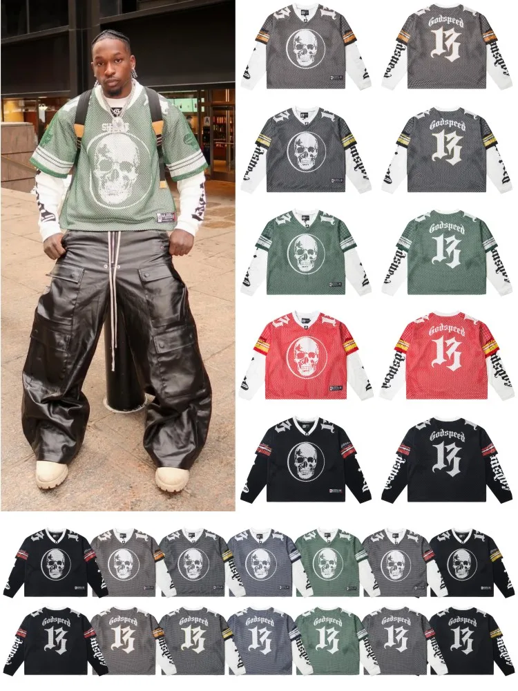 

Мужская футболка American Street Sle Godspeed Houtooth Patchwork Me Long Sve, осенняя повседневная футболка с принтом скелета High Street