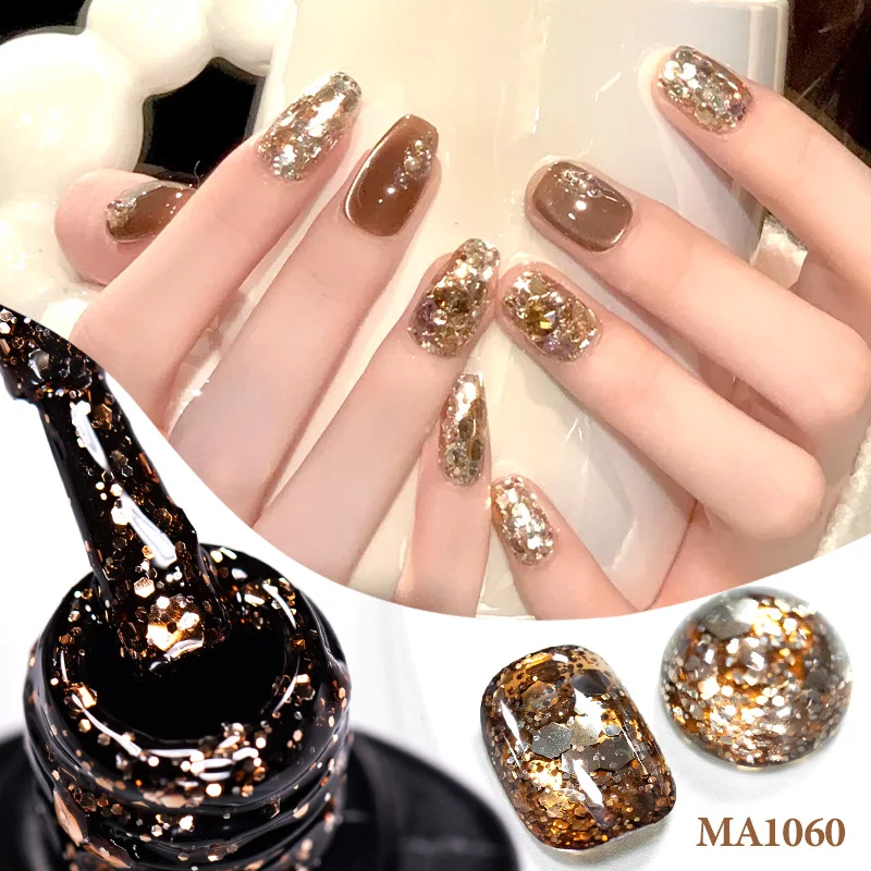 7ml Złoto-brązowy brokatowy lakier hybrydowy do paznokci, półtrwały, zdejmowany, utwardzany światłem UV/LED, lakier do manicure, artykuły do samodzielnego zdobienia paznokci