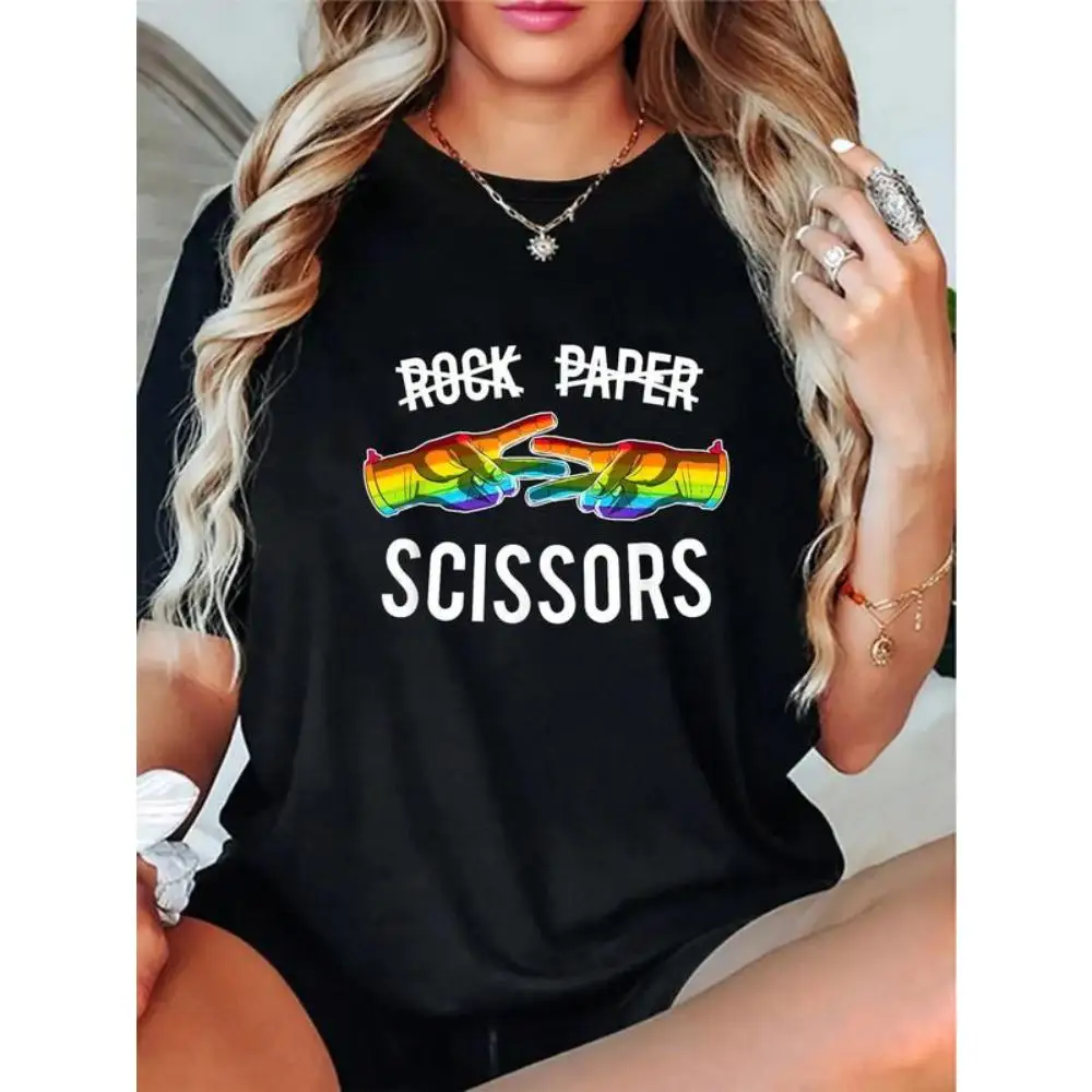 

Funny Rock Paper Scissors T-Shirt Rainbow Hand Gesture Game Graphic Tee, Inclusive Friendship Gift for Women, Playful Casual Top