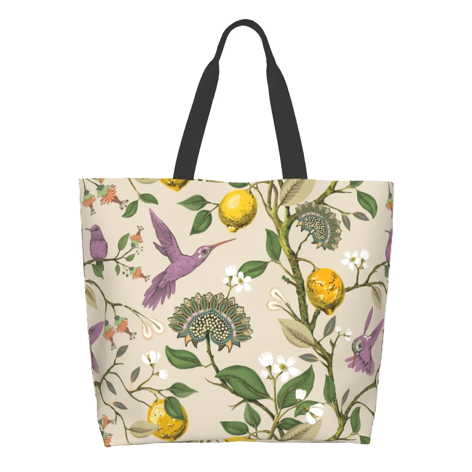 Vintage Flowers Lemons hummingbird retro Nature Birds floral Blooming Canvas Tote Bag Shopping Shoulder Handbag Storage