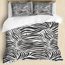 Zebra Print Bedding Set, Striped Zebra Animal Print Decorative Quilted 3 Piece Comforter Cover with 2 Pillow Shams, King Size