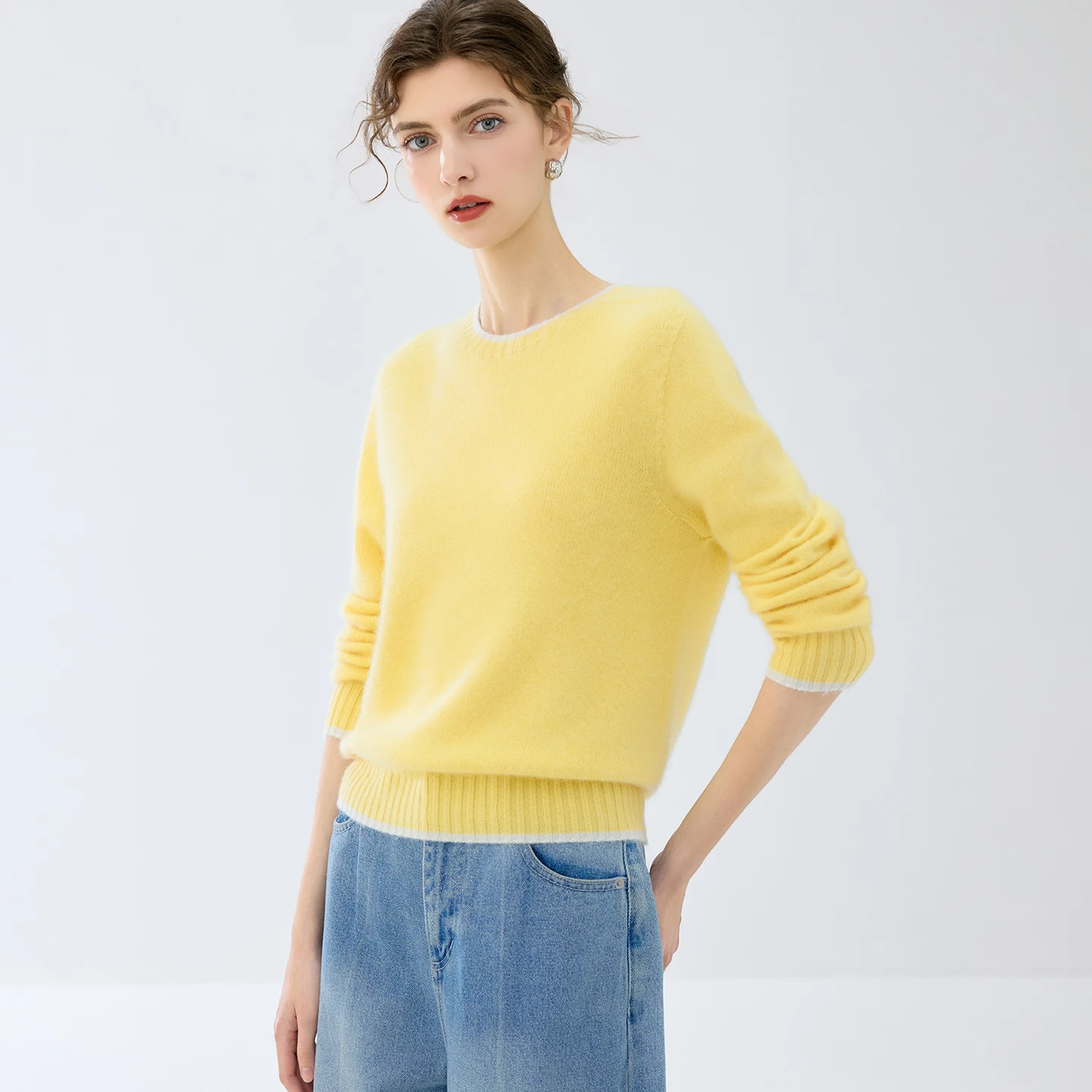 100% Premium Cashmere Women Autumn Winter Thick Contrast‑Color O-Neck Long‑Sleeve Knit Pullover Simple Elegant Soft Breathable