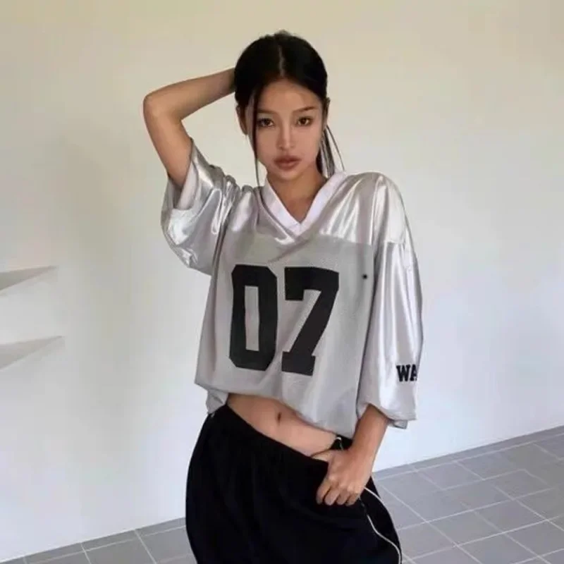 

07 vintage hip-hop jersey loose short sleeved T-shirt women's high street American half sleeved top trend