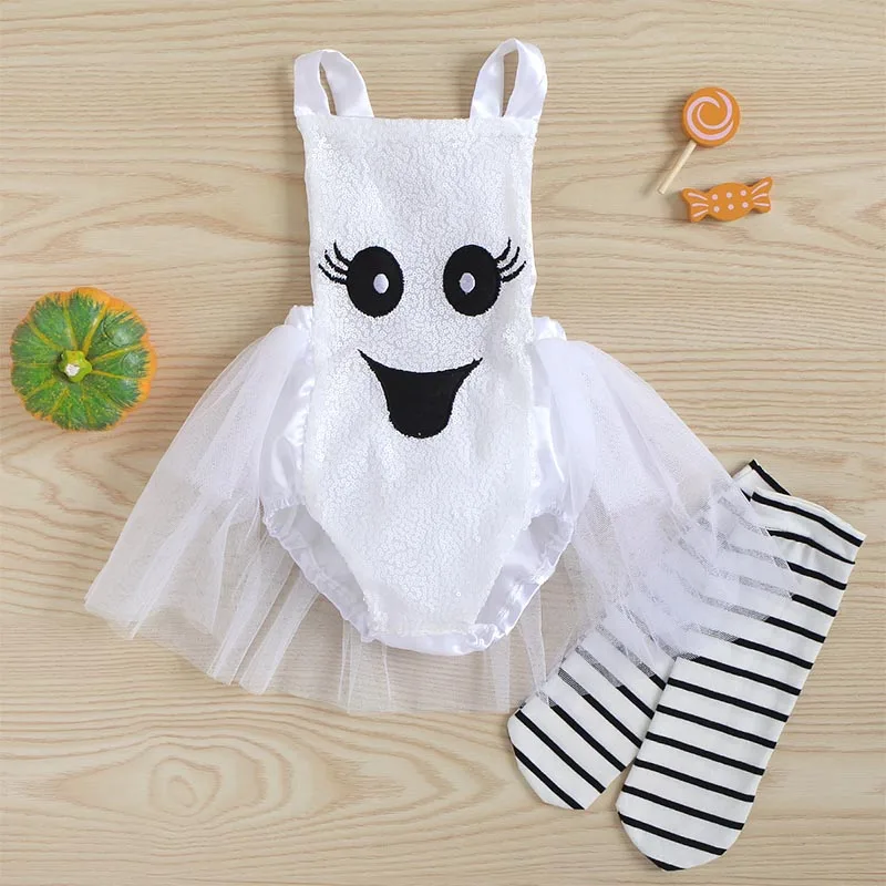 Newborn Baby Girls Halloween Outfits Sleeveless Ghost Romper Tutu Dress Sequin Bodysuit Leg Warmers Clothes Set