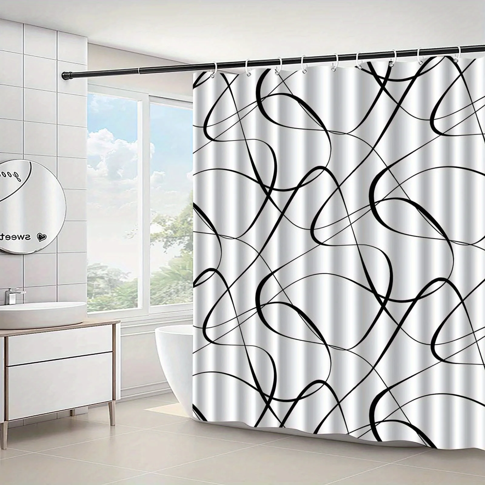 1pc Minimalist abstract geometric patterned shower curtain, machine washable polyester, suitable for bathroom décor.