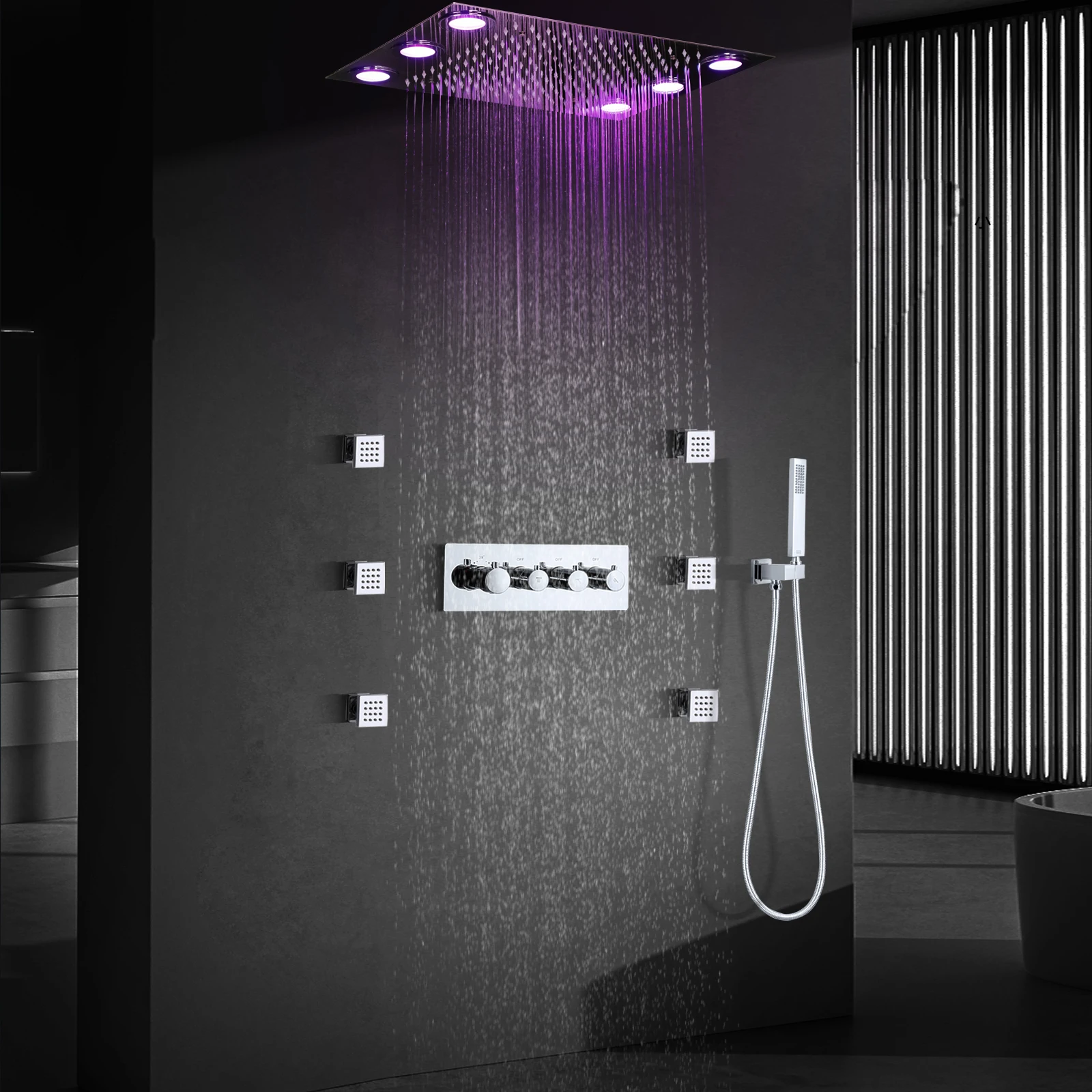 Ceiling Embedded 50*36CM Rainfall LED Shower Head Bathroom Thermostatic Shower System Set With Massage Shower Nozzle