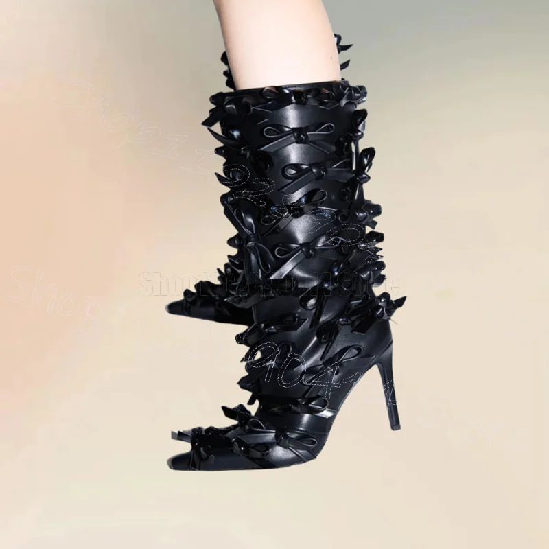 

Black Leather Bow Knot Pointed Toe Boots Side Zipper Women Shoes Thin High Heels Party Banquet Dating 2025 Zapatos Para Mujere