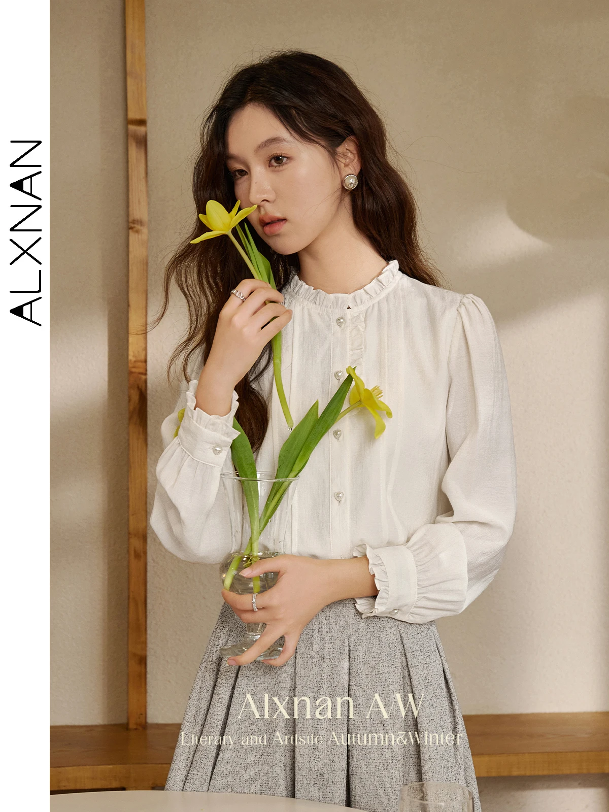 

ALXNAN женские элегантные рубашки с круглым вырезом и круглым вырезом, однобортные блузки с длинными рукавами и жемчужными пуговицами, осенние офисные женские топы QYM002220